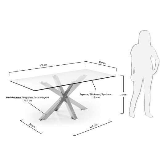 Mesa Argode cristal y patas de acero inoxidable 200 x 100 cm