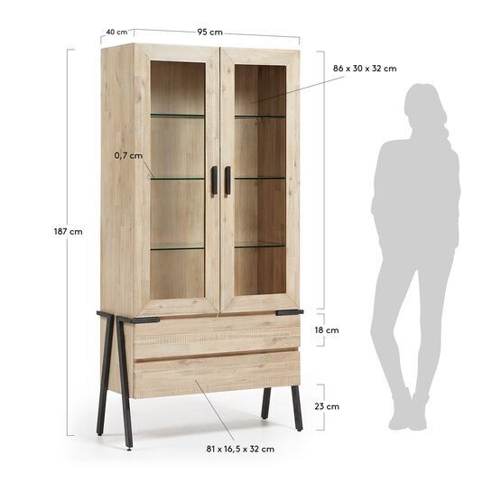 Vitrina Thinh de madera maciza de acacia y patas de acero con acabado negro 95 x 187 cm