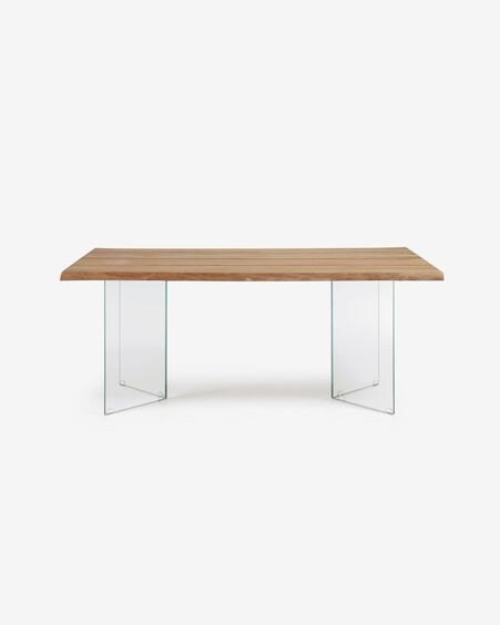 Mesa Lotty de chapa de roble con acabado natural y patas de cristal 160 x 90 cm