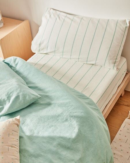 Set Gaitana funda nórdica, bajera y funda almohada 100% algodón GOTS turquesa 70 cm