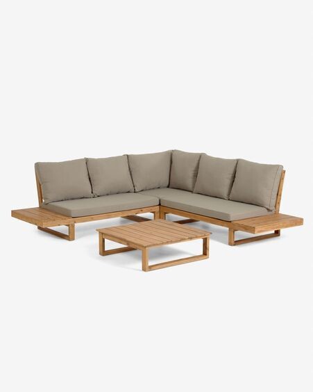 Set Flaviina de sofá rinconero 5 plazas y mesa de madera maciza acacia FSC 100%