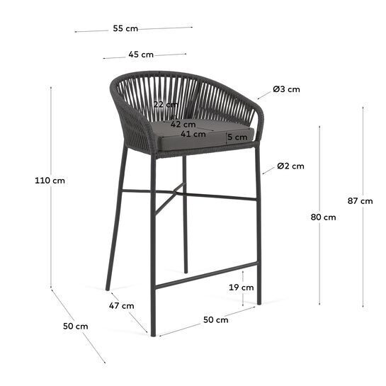 Taburete Yanet de cuerda negro y acero galvanizado altura 80 cm