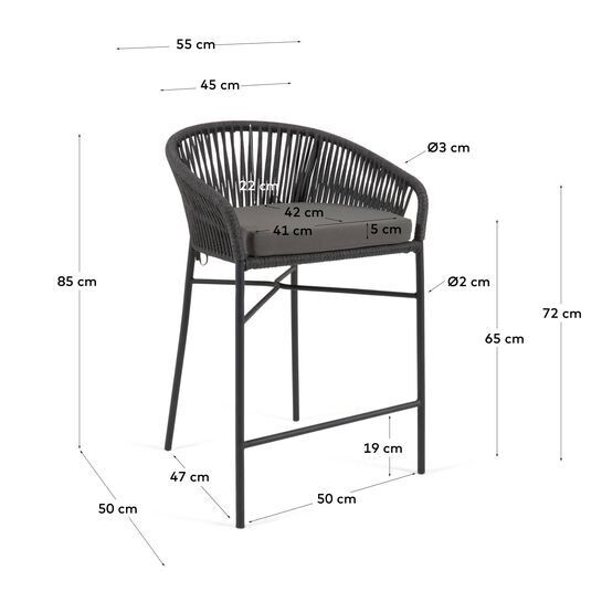 Taburete Yanet de cuerda negro y acero galvanizado altura 65 cm