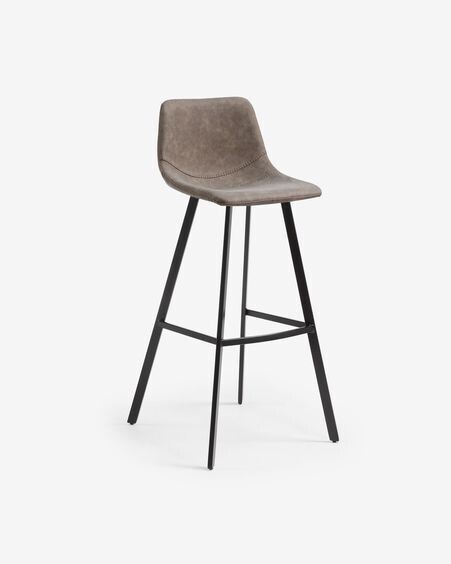 Taburete Alve de piel sintética gris claro y acero con acabado negro altura 80 cm