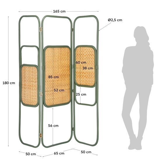 Biombo Margaret de ratán natural  y verde 165 x 180 cm