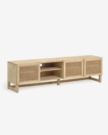 Mueble TV Rexit de madera maciza y chapa mindi con ratán 180 x 50 cm