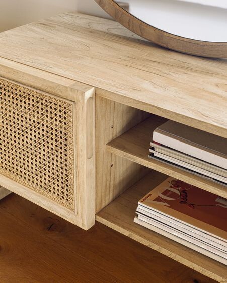 Mueble TV Rexit de madera maciza y chapa mindi con ratán 180 x 50 cm