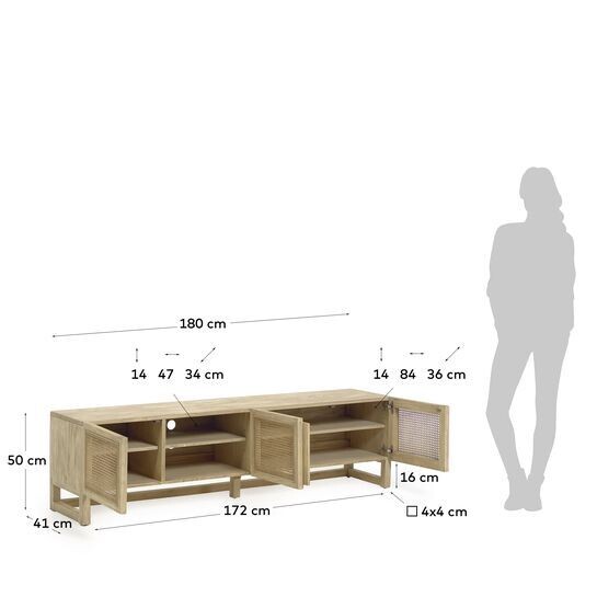 Mueble TV Rexit de madera maciza y chapa mindi con ratán 180 x 50 cm