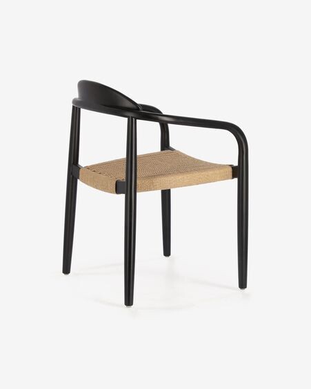 Silla Nina de madera maciza de acacia acabado negro y cuerda de papel beige