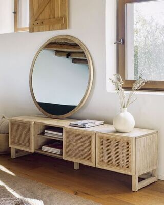 Mueble TV Rexit de madera maciza y chapa mindi con ratán 180 x 50 cm