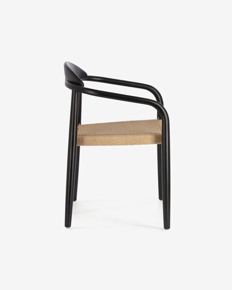 Silla Nina de madera maciza de acacia acabado negro y cuerda de papel beige