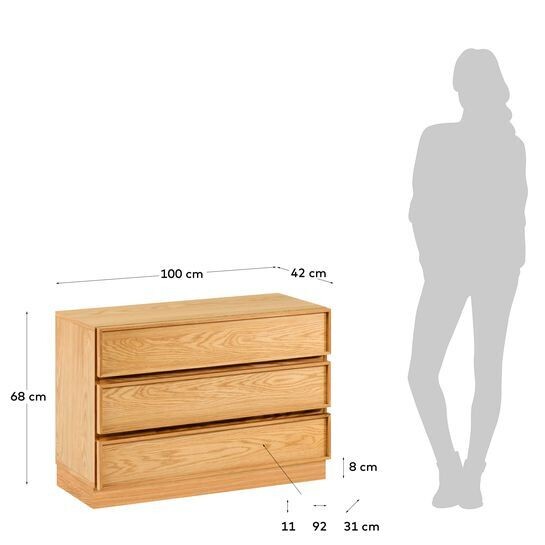 Cómoda Taiana con 3 cajones con chapa de roble 100 x 68 cm