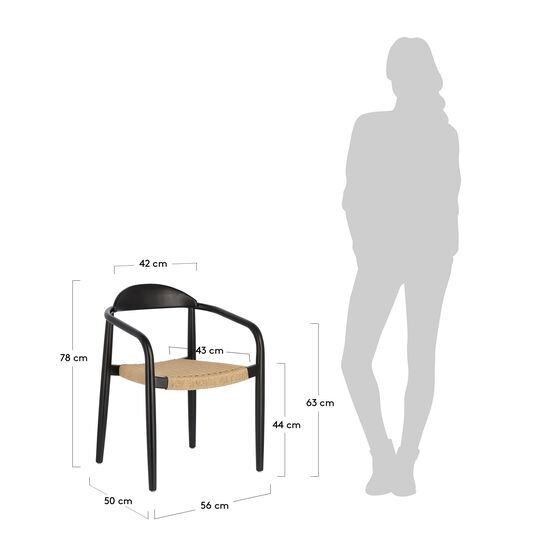 Silla Nina de madera maciza de acacia acabado negro y cuerda de papel beige