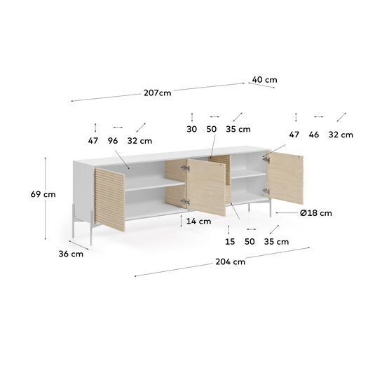 Aparador Marielle de chapa de fresno y lacado blanco 207 x 69 cm