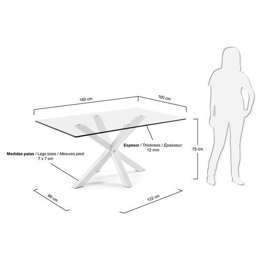 Mesa Argo de cristal y patas de acero acabado blanco 180 x 100 cm