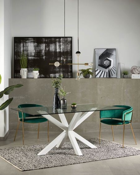 Mesa Argo de cristal y patas de acero acabado blanco 180 x 100 cm