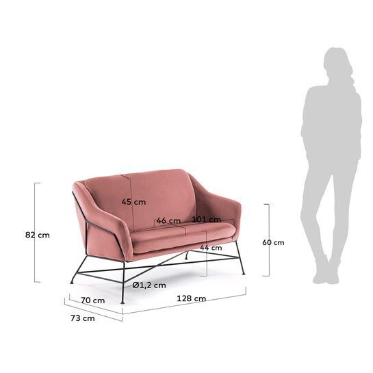 Sofá Brida 2 plazas terciopelo rosa 128 cm