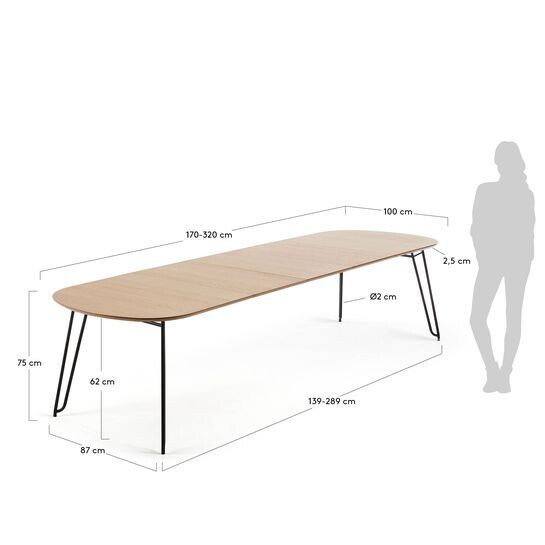 Mesa extensible Novac 170 (320) x 100 cm chapa de roble patas de acero acabado negro