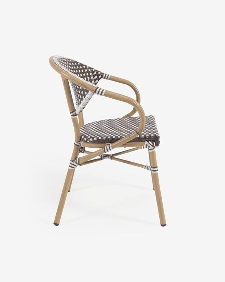 Silla de exterior con brazos bistro Marilyn de aluminio y ratán sintético marrón y blanco