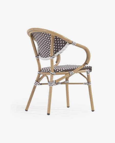 Silla de exterior con brazos bistro Marilyn de aluminio y ratán sintético marrón y blanco