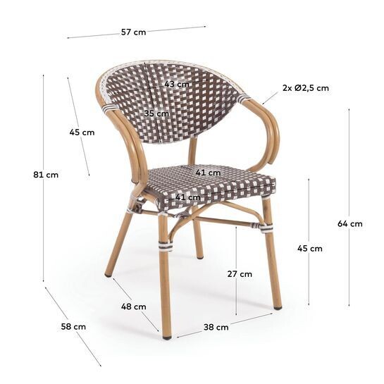 Silla de exterior con brazos bistro Marilyn de aluminio y ratán sintético marrón y blanco