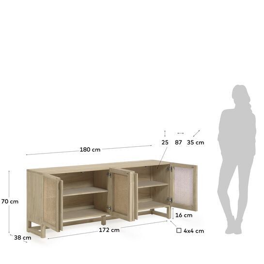 Aparador Rexit madera maciza y chapa mindi con ratán 180 x 70 cm