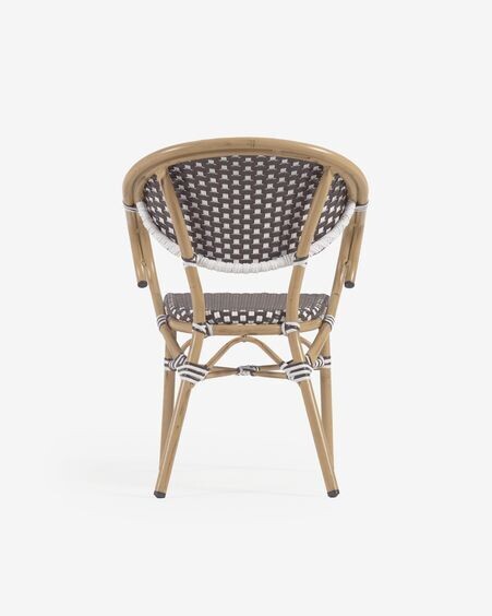 Silla de exterior con brazos bistro Marilyn de aluminio y ratán sintético marrón y blanco