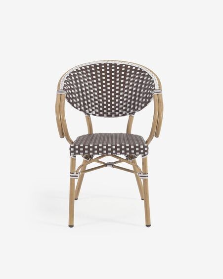 Silla de exterior con brazos bistro Marilyn de aluminio y ratán sintético marrón y blanco