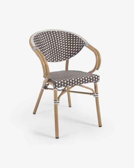 Silla de exterior con brazos bistro Marilyn de aluminio y ratán sintético marrón y blanco