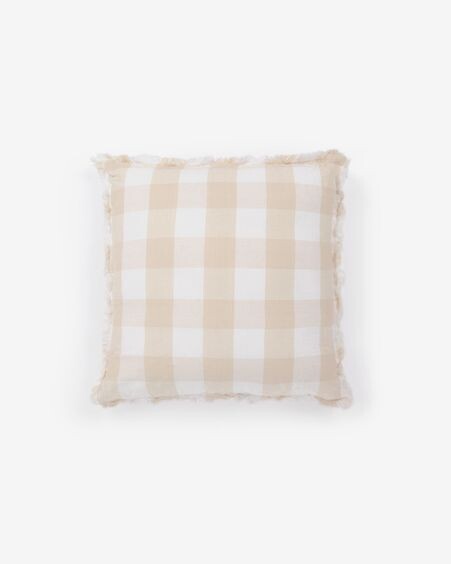 Funda de cojín Dawa de algodón y lino con cuadros blanco y beige 45 x 45 cm