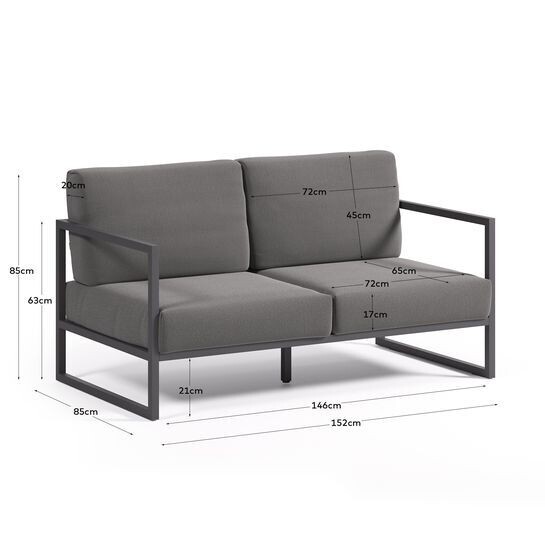 Sofá 100% exterior Comova 2 plazas gris oscuro y de aluminio negro 150 cm