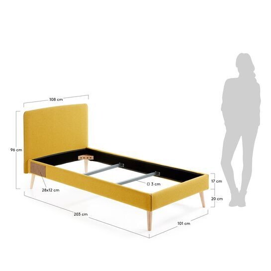 Cama desenfundable Dyla mostaza con patas de madera maciza de haya 90 x 190 cm