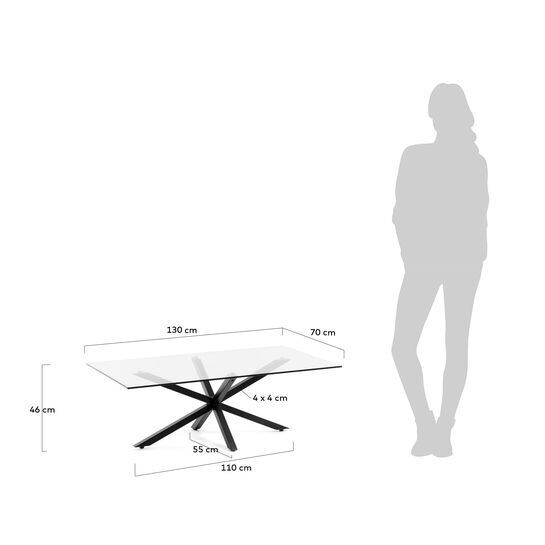 Mesa de centro Argo 130 x 70 cm cristal patas de acero acabado negro