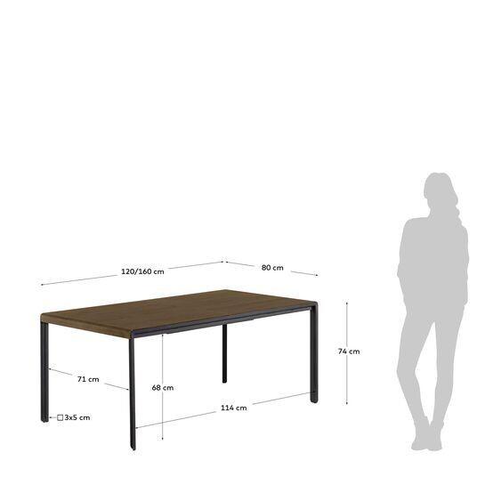 Mesa extensible Nadyria chapa de nogal patas de acero acabado negro 120 (160) x 80 cm