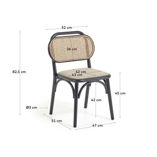 Silla Doriane de madera maciza de olmo acabado lacado negro y asiento de tela