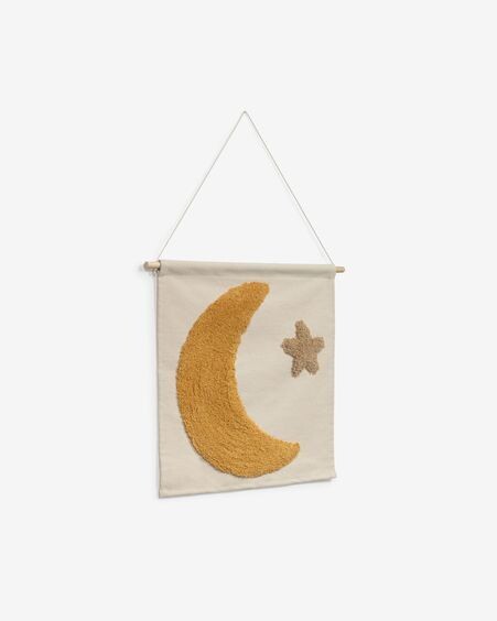 Tapiz mural Hoshi 100% algodón luna mostaza y estrella marrón 40 x 40 cm