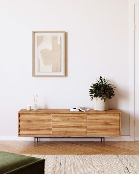 Mueble TV Delsie de madera maciza de acacia y patas de acero acabado negro 147 x 50 cm