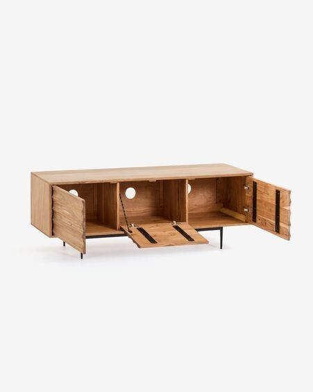 Mueble TV Delsie de madera maciza de acacia y patas de acero acabado negro 147 x 50 cm