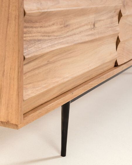 Mueble TV Delsie de madera maciza de acacia y patas de acero acabado negro 147 x 50 cm