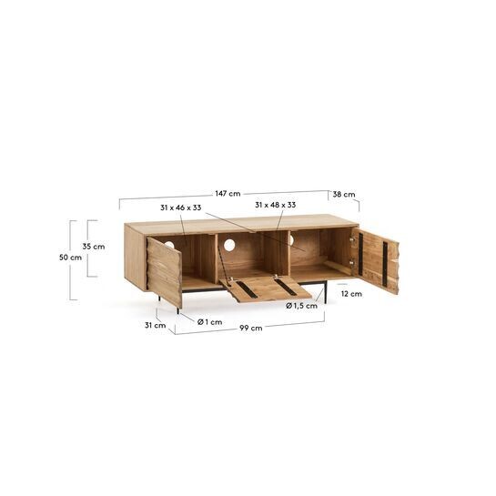 Mueble TV Delsie de madera maciza de acacia y patas de acero acabado negro 147 x 50 cm