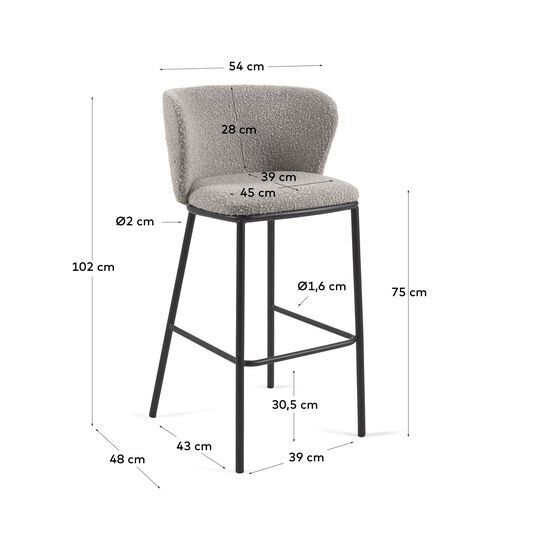 Taburete Ciselia de borreguito gris claro y metal negro altura 75 cm