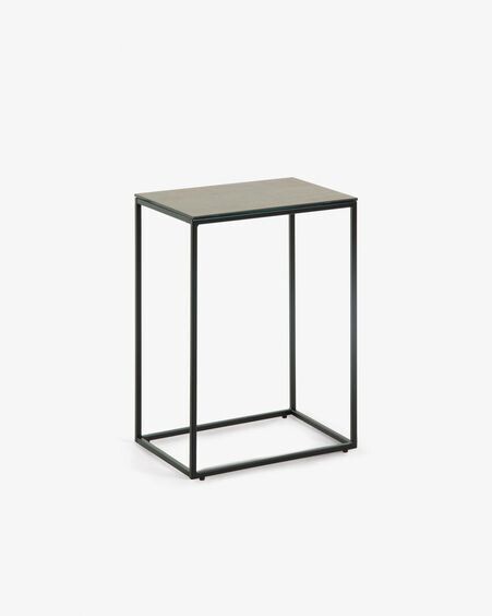 Mesa auxiliar Rewena sobre porcelánico marrón y patas de acero acabado negro 45 x 30 cm