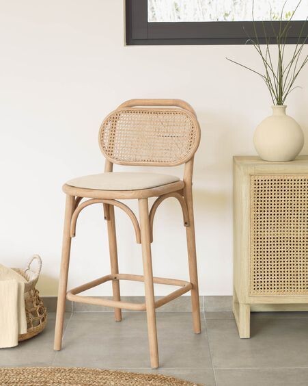 Taburete Doriane madera maciza roble acabado natural y asiento de tela altura 65 cm