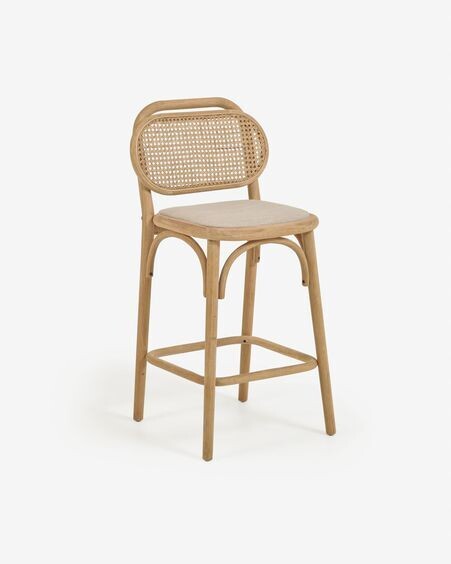 Taburete Doriane madera maciza roble acabado natural y asiento de tela altura 65 cm