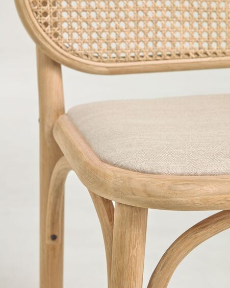 Taburete Doriane madera maciza roble acabado natural y asiento de tela altura 65 cm