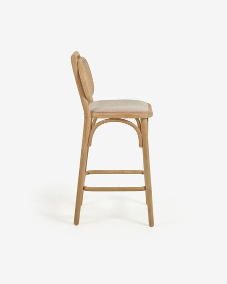 Taburete Doriane madera maciza roble acabado natural y asiento de tela altura 65 cm