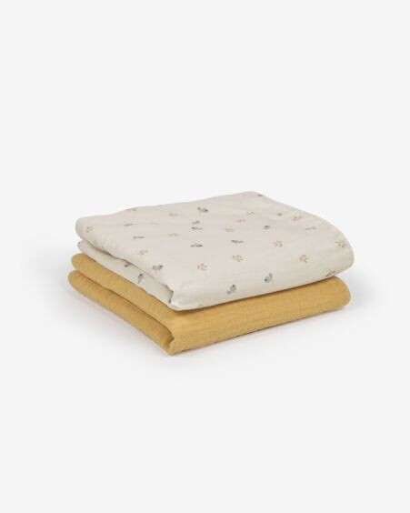 Set Yamile de 2 mini toallas algodón orgánico (GOTS) mostaza y beige con hojas multicolor