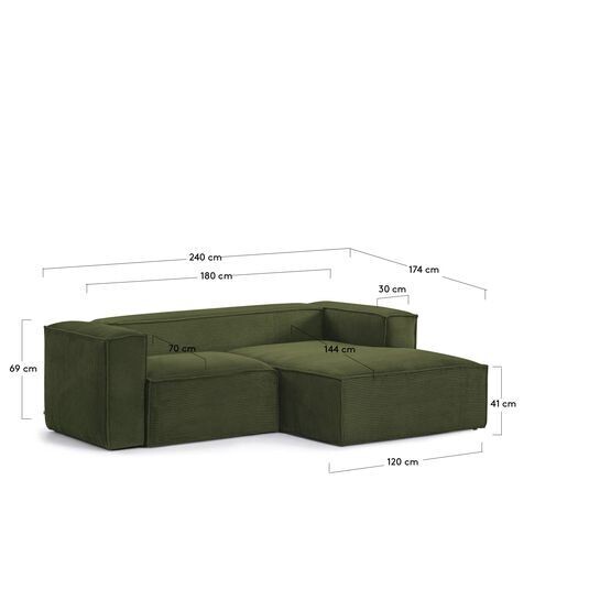 Sofá Blok 2 plazas chaise longue derecho pana gruesa verde 240 cm