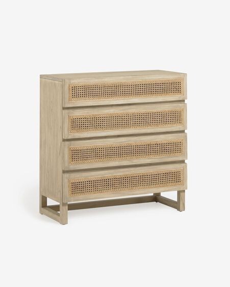 Cómoda Rexit 4 cajones madera maciza y chapa mindi con ratán 90 x 93 cm