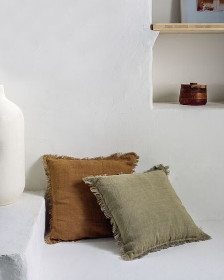 Funda cojín Almira algodón y lino flecos marrón 45 x 45 cm